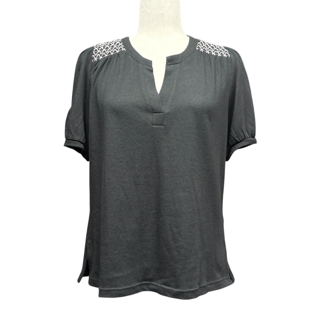 Tribal Easy Breezy Black Knit Top Short‎ Puff Sleeve Embroidered Medium NWT